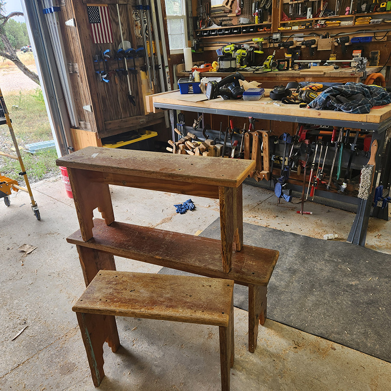 Benches from reclaimed, New Mexico middle-school bleacher wood.